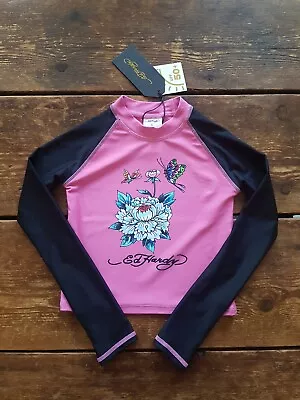 Ed Hardy Rash Guard 110 5 4-5 Years Swim Top BNWT UPF50+ Pink Black • £16