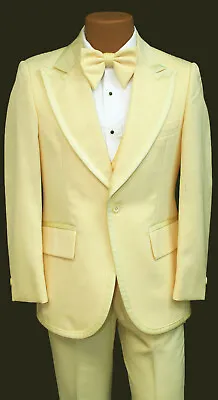 Men's Vintage Yellow Tuxedo Jacket With Vest And Bow Tie 1970s Wedding Prom 40L • $89.99