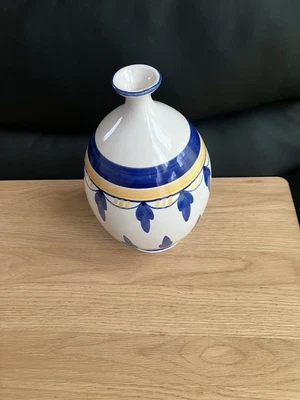 £12 • Buy Portuguese Hand Painted Oval  Ceramic Vase, Blue And Yellow Bands 26 Cm