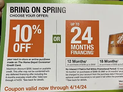 Home Depot Coupon 10% Off Exp 4/14/2024 Online Or In-store Electronic Only • $29.99