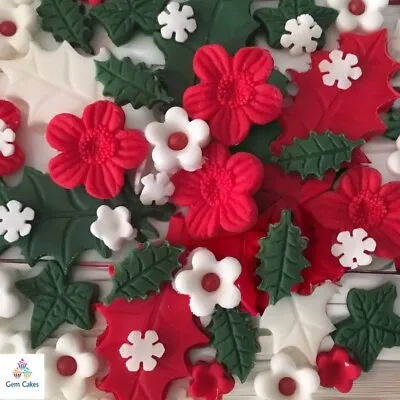 47 EDIBLE CHRISTMAS FLOWERS Fondant Cake Cupcake Toppers Decorations Holly Ivy • £6.99
