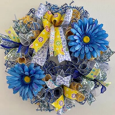 Flower Wreath Blue Flowers Spring Summer Door Wreath Curly Mesh Blue Wreath • $44