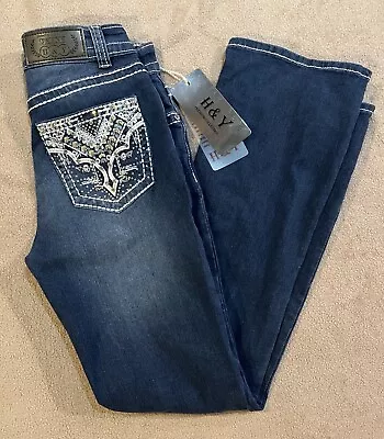 H&Y Premium Jeans Mid Rise Boot Cut Embroidered 5/6 Stretch KC-345 Indigo NWT • $19.90