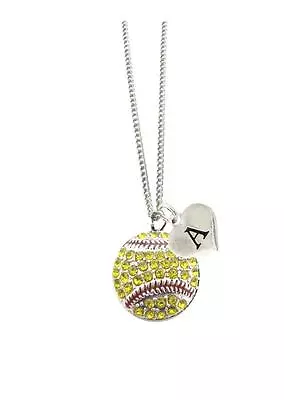 Custom Crystal Softball Silver Chain Necklace Choose Initial Charm All 26 Avail • $22.49