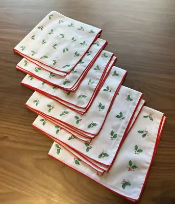 6  Vintage Christmas Holly Pattern Cloth Table Napkins White W/ Red Trim 17  Sq • $9.50