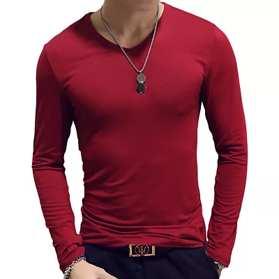 $12.03 • Buy Mens Casual Slim Fit Long Sleeve T-Shirt V Neck Muscle Workout Tee Top Blouse