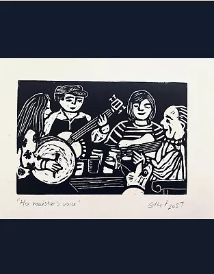 Folk Music - Original Linocut Print Of Musicians - Handmade - Signed Artwork • £10