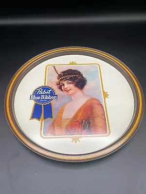 Vintage PBR Pabst Blue Ribbon Metal Beer Tray 10 3/4” Diameter Flapper Girl • $23.95