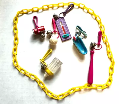 Vintage 80s Plastic Clip On Bell Necklace With 5 Charms Yellow Chain Baseball • $19.99