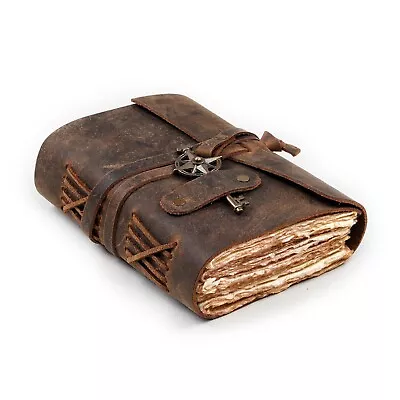 Antique Vintage Leather Journal Deckle Edges Paper With Antique Brass Key Diary • $24.99