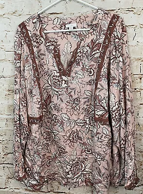 J Jill Women 2X Blouse Top Pink Floral Split Vneck Long Sleeve Rayon Cottgecore • $17.63