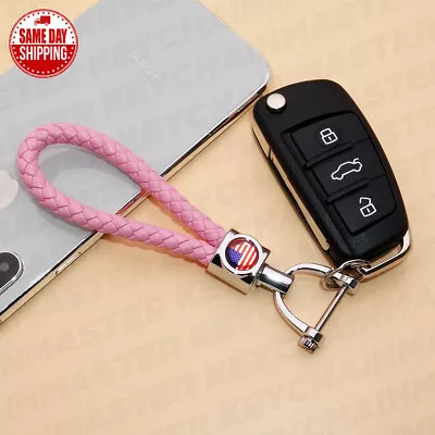 Pink Weave Calf Leather USA America U.S. Flag Logo Car Home Key Chain Ring Gift • $12.99