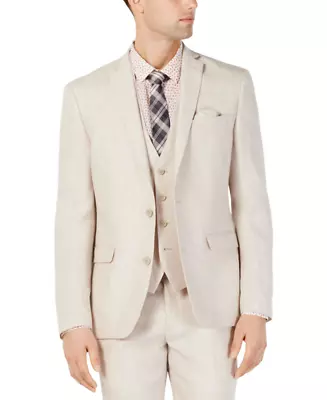 BAR III Mens 44L Slim Fit 100% Linen Suit Jacket Blazer Tan Beige Chambray • $39.99