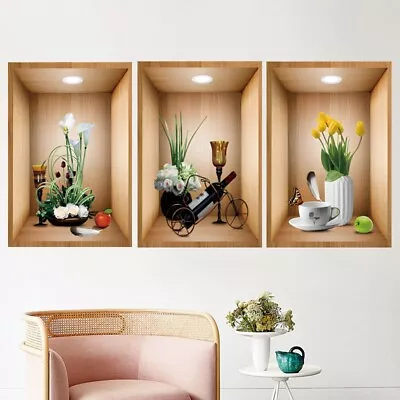 Large 3pcs 3D Flower Vase Wall Stickers Living Bed Room Wall Art Decals Decor • £8.19