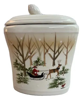 Hallmark Santa Sleigh Deer Forest Cookie Jar Cardinals Acorn Knob Hand Painted • $18