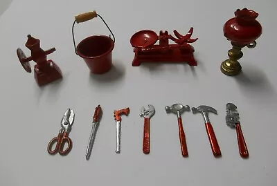 Vintage Red Mini Enamel Lantern/Bucket/Kitchen Scale/Fire Hydrant + (7) Tools • $29.50