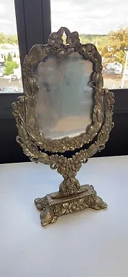 EARLY 20 C GILT FLORAL BRONZE  METAL FRAME MIRROR ROTATED IN PEDESTAL STAND • $341.93