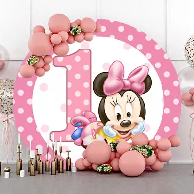 Round Minnie Mouse Backdrop Girls 1st Birthday Party Photo Background Banner • $39.55