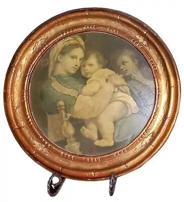 Vintage Madonna Of The Chair By Raphael Art Print On Round Gold Frame 11  • $28