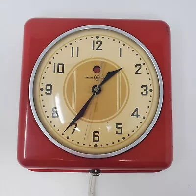 VTG General Electric Red Kitchen Wall Clock Model 2H08 Works Mid Century Modern • $59