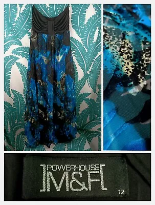 $29 • Buy Powerhouse M & F Dress 12  Black Ruched Bodice Silk Viscose Skirt Blue Maxi 