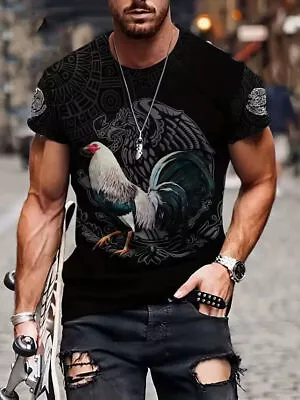 T Shirt Rooster Graphic Chicken Mexican Aztec Black Eagle Men Fashion Streetwear • $18.86