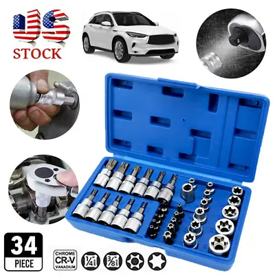 34XTorx Star Socket Bit Set 3/8'' Male Female E&T Sockets With Torx Bits E4-E20 • $23.49