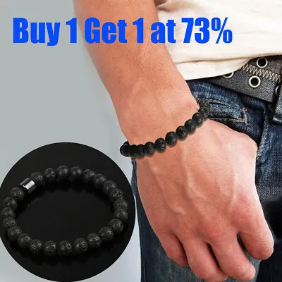 Black Magnetic Round Bead Hematite Bracelet Pain Relief Therapy Arthritis Men's • £2.54