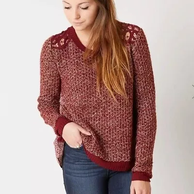 Miss Me Pieced Sweater Crochet Back Burgundy Red Women's Size Medium • $19.99