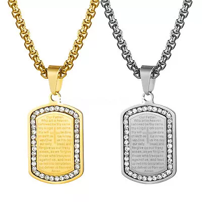 Mens Stainless Steel Cross Lords Prayer Rhinestone Dog Tag Pendant Necklace 22  • $9.99