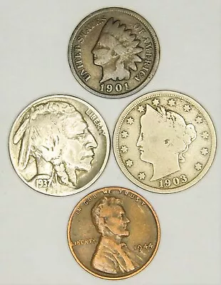 Liberty V Nickel (4) Lot - Buffalo Lincoln Wheat Indian Head Mixed Old US Coins • $6.40