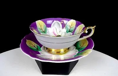 Ucagco Japan Porcelain Purple And Gold Floral Vintage 2  Cup & Saucer Set 1950s • $22.47