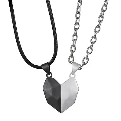 2pc Magnetic Couple Heart Matching Pendant Distance Faceted Charm Lover Necklace • $11.99