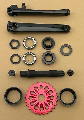 Genuine 3 Piece Steel 175mm Long Crank Set In Black With All Red Alloy Sprocket. • $92.79