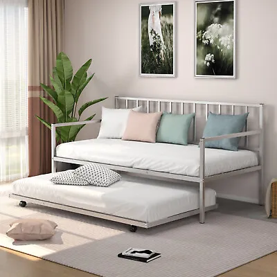 Twin Metal Daybed With Roll Out Trundle Heavy Duty Frame Sofa Bed Set Silver • $159.98