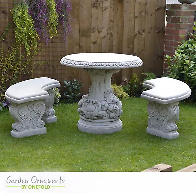 Large Detailed Garden Table And Two Bench Set Hand Cast Stone Garden Ornament • £459.90