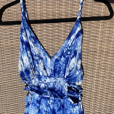 S Twelve Backless Braided Strap Summer Sun Dress Cut Out Sides Large Blue Tiedye • $9.99