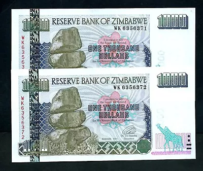 Zimbabwe (P12a) 1000 Dollars 2003 X 2 Consecutive UNC • £0.99