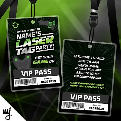 Personalised Laser Tag Party Style Vip Passes Lanyards Invitations Battle Pass • £49.99