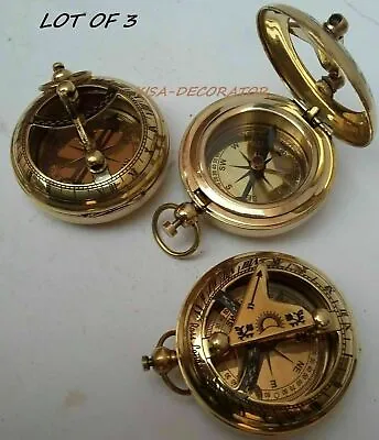$28.75 • Buy Lot Of 3 Collectible Vintage Maritime Brass Push Button Sundial Pocket Compass 