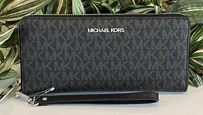 Michael Kors Jet Set Large Travel Continental Wallet Black Mk Signature Silver • $79.99