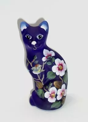 Fenton Glass Cobalt Blue Birdie Blossom Stylized Cat Figurine Ltd Ed 8/31 Barley • $179.50