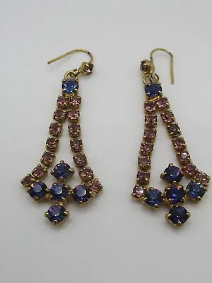 Vintage Rhinestone Purple Ab Lilac Studded Gold Tone Drop Chandelier Earrings • £4.99