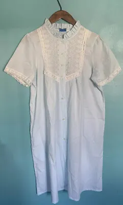 Vtg Lewis Frimel Gown Sleepwear Modest Granny Pearl Button Cotton Blue Pockets • $22.49