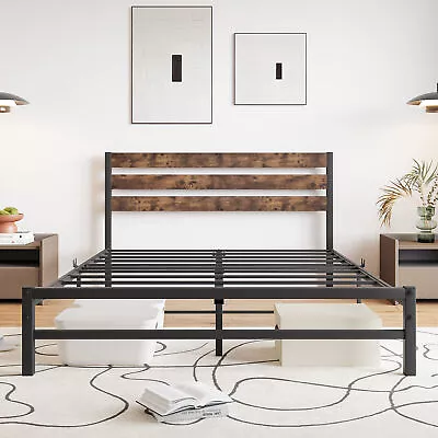 Queen Size Bed Frame With Vintage Wood Headboard Metal Slats Support • $170.83