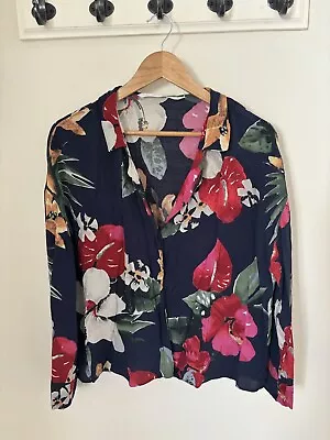 ZARA M Button Up Long Sleeve Blue Floral Hibiscus Tropical Viscose Top • $15