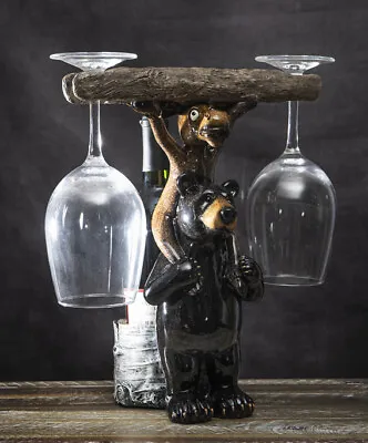 Rustic Western Black Bear And Moose With Log Wine Glasses And Bottle Holder • $59.99