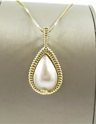 24mm X 16 Mm Mabe Pearl Pendant Pear Shape Ribbed Frame 20  Box 14K Yellow Gold • $499.99