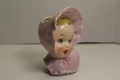 Vintage 6  Ucagco Japan Baby Girl Ceramic Head Vase Pink Bonnet • $13.95