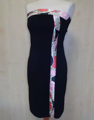 £5.95 • Buy Jane Norman Small Strapless Black Dress Floral Oriental Satin Trim Thigh Split S